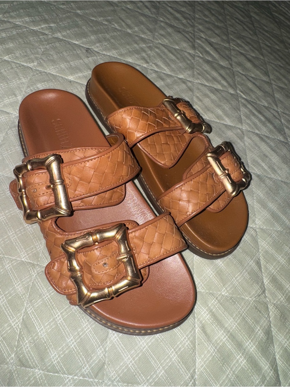 SCHUTZ Brown Woven Leather Slide Sandals with Gold Buckles - Picture 3 of 3